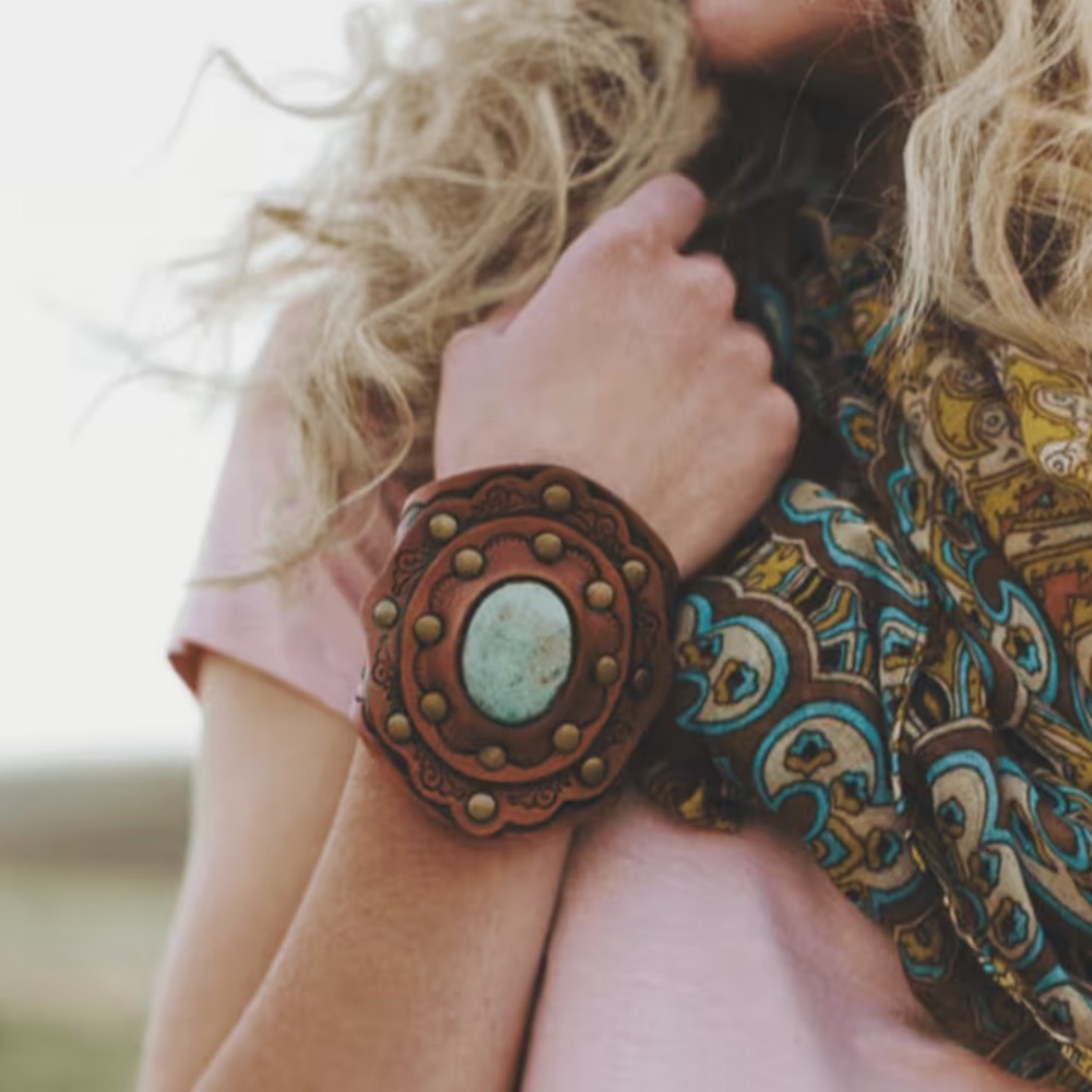 Three Bird Nest Leather Boho Cuff with Black Stone